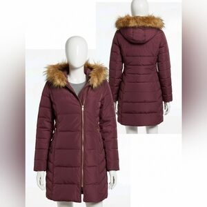Cole Haan Down Winter Parka Puffer Coat with Faux Fur Trim Burgundy​ Size small